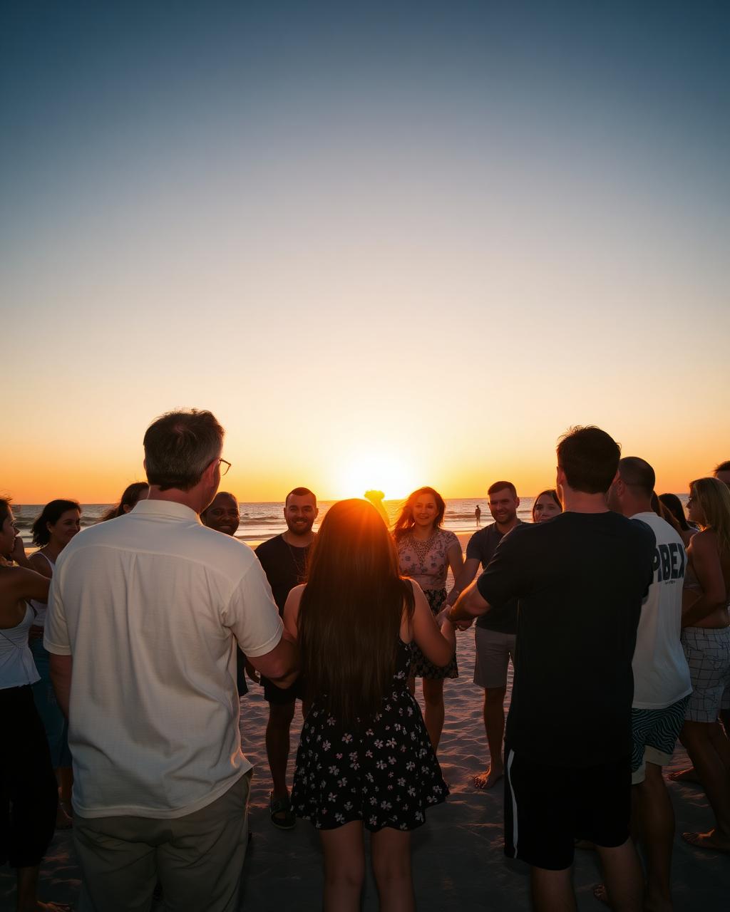 Diverse people holding hands in a circle on a beach at sunset