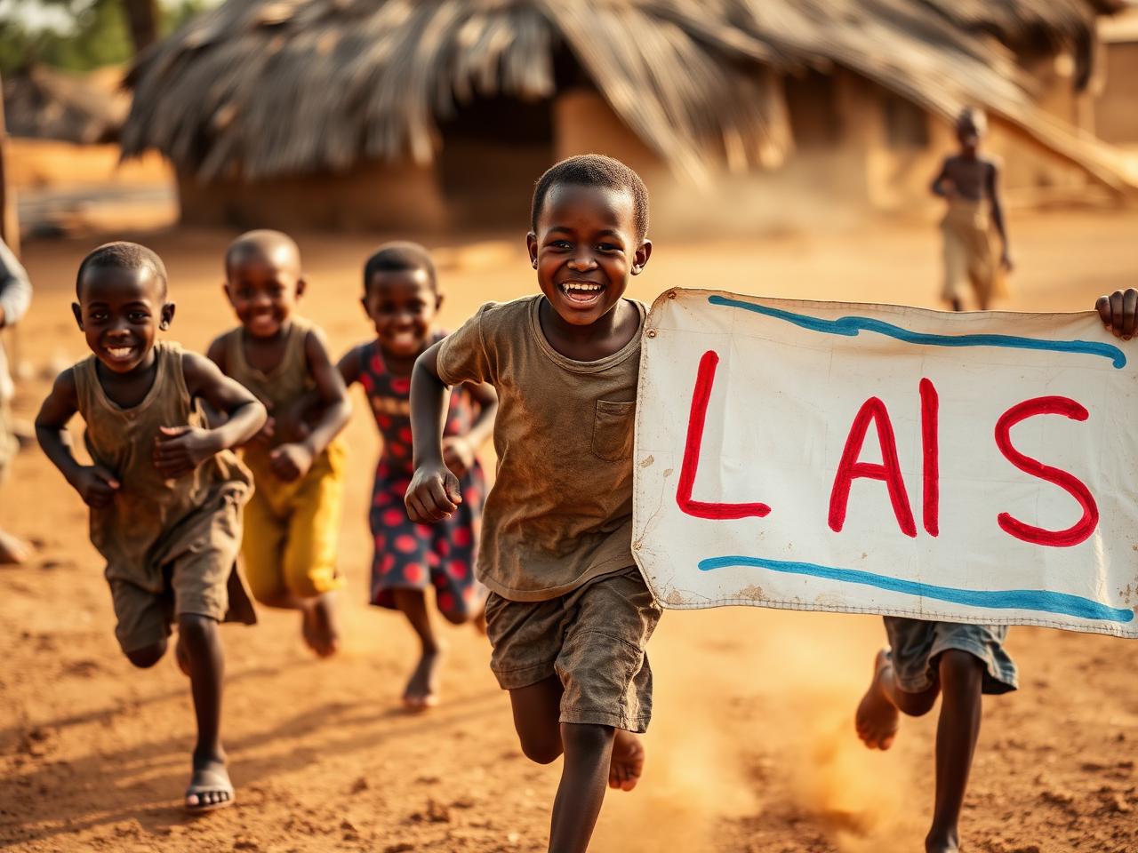 Children running with a hand-painted banner in a village