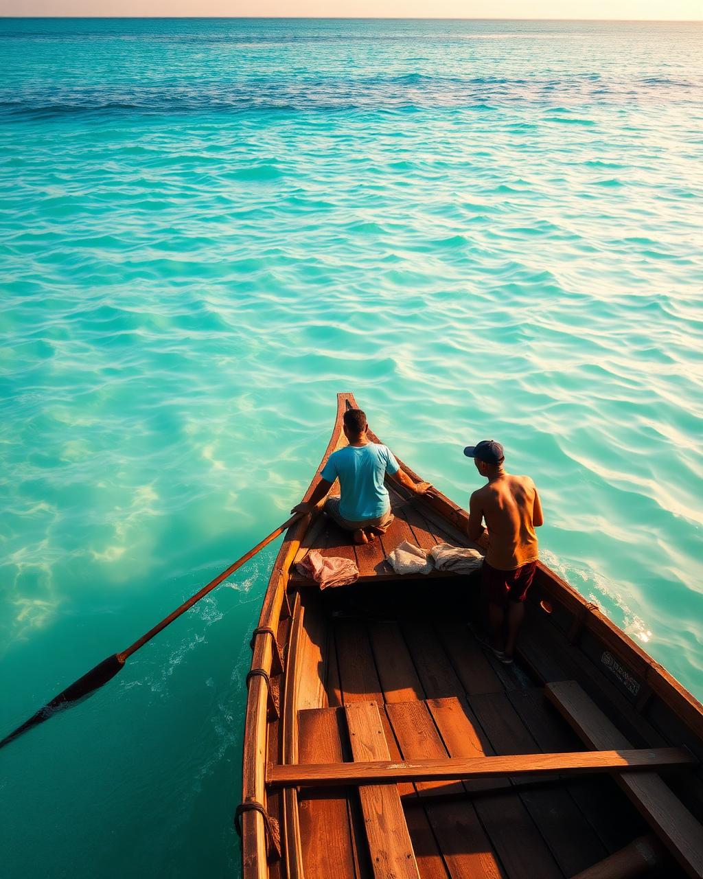 Fishermen pushing a wooden boat into turquoise water at dawn