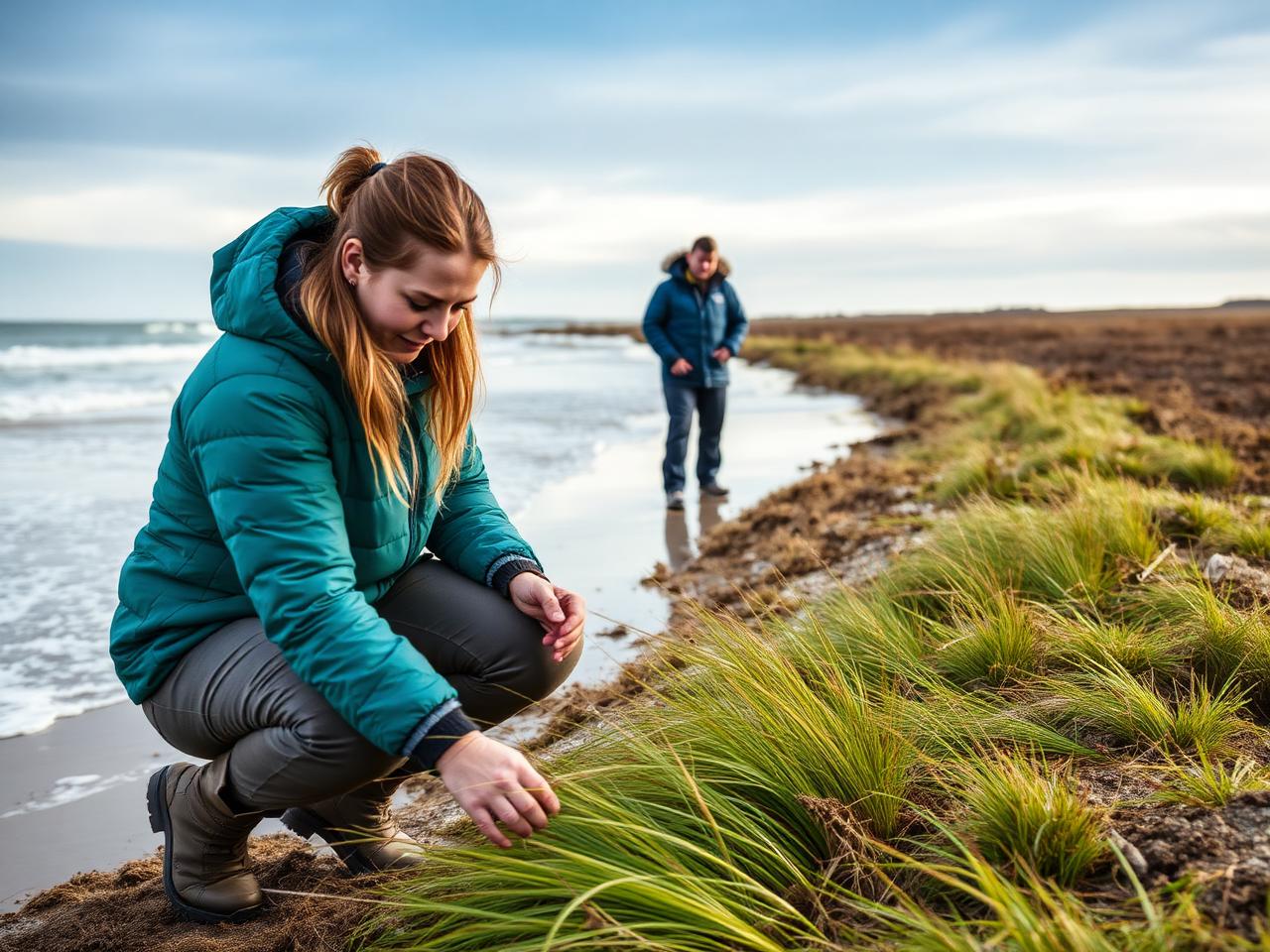 Volunteers planting coastal grass on a windswept shoreline
